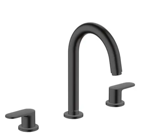 Waschtischarmatur von Hansgrohe in Mattschwarz mit zwei Bedienhebeln und hohem Auslauf, geeignet für eine 3-Loch-Installation.